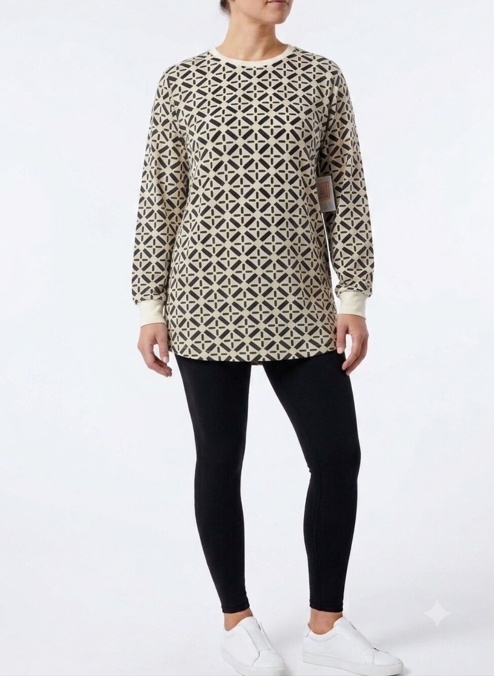 Geometric Pattern Crewneck Sweater - Cream & Black Up To Size 3XL